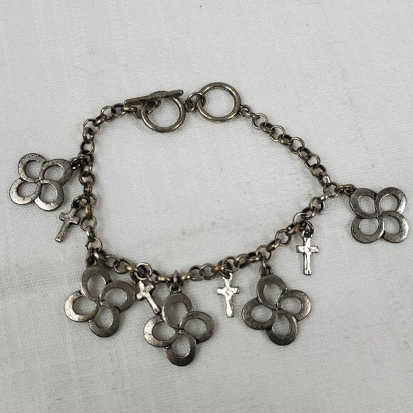 Beautiful Silver Tone Swirl Cross & Cross  Charm Bracelet Toggle Closure - Picture 1 of 8